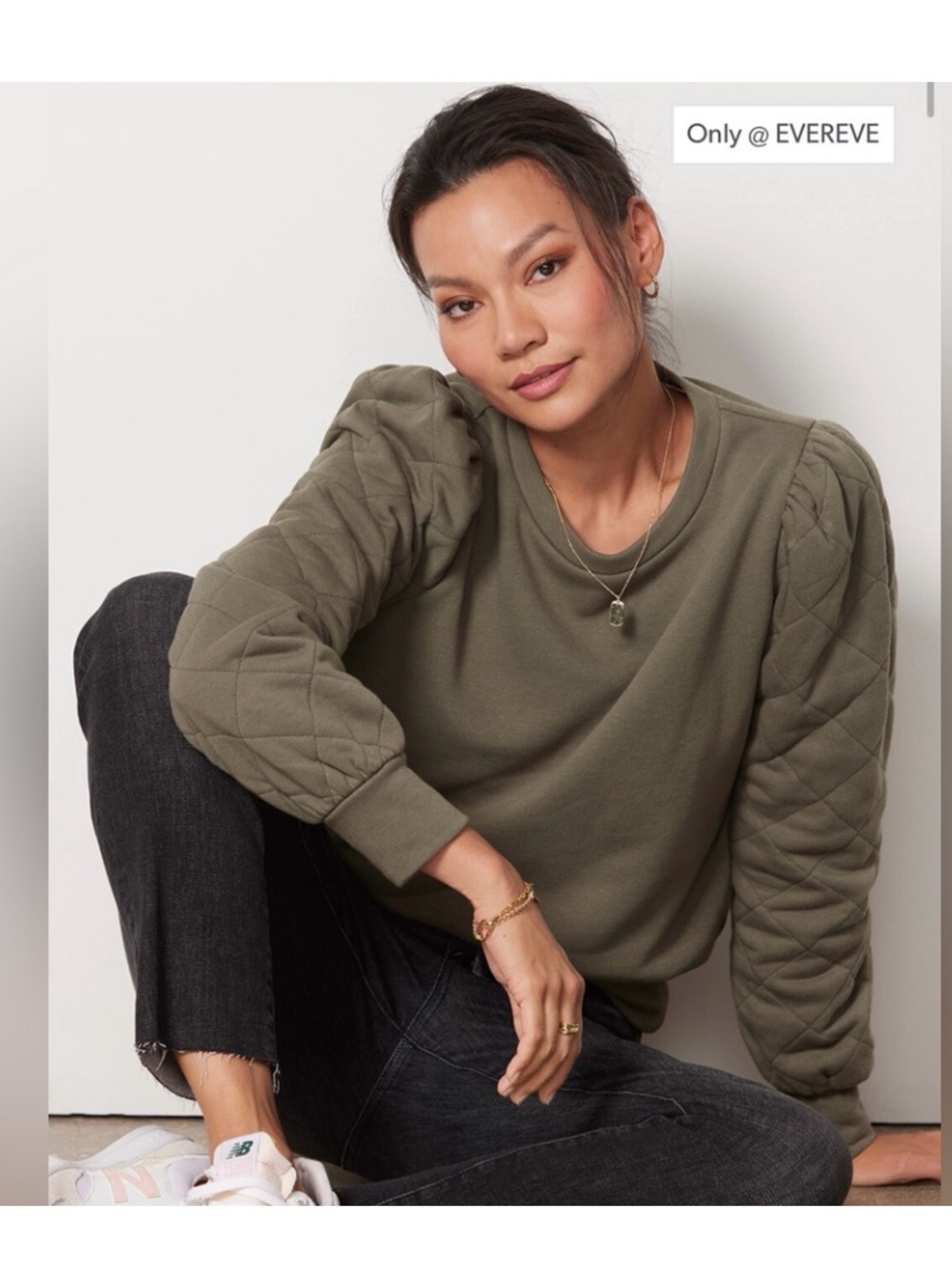 Evereve Olive Quilted-Sleeve Pullover Sweatshirt